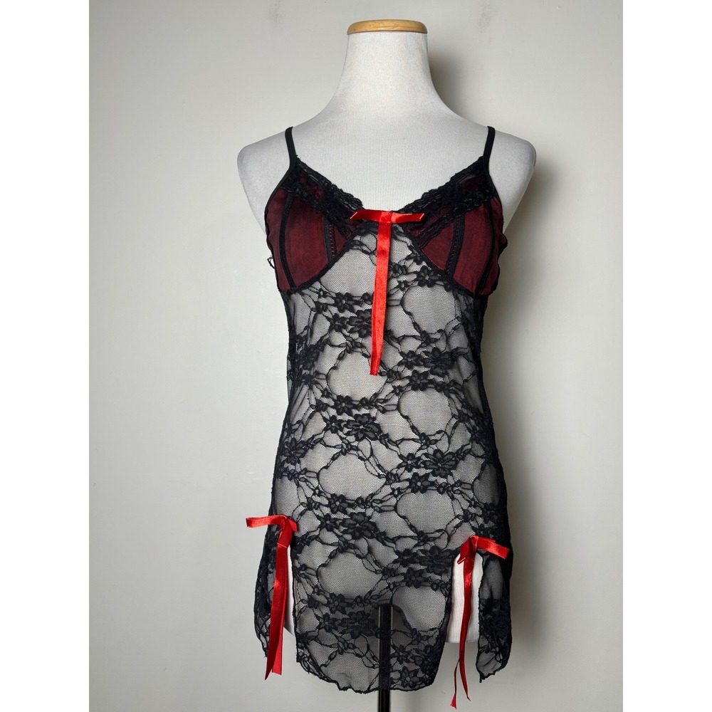 Womens Babydoll Chemise Small Black Red Sheer Lace Whimsigoth Vamp Coquette